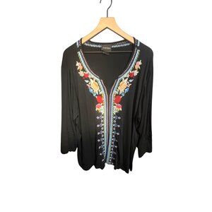 Liv Los Angeles Black Floral Embroidered V-Neck Blouse Womens 3/4 Sleeve Size 3X